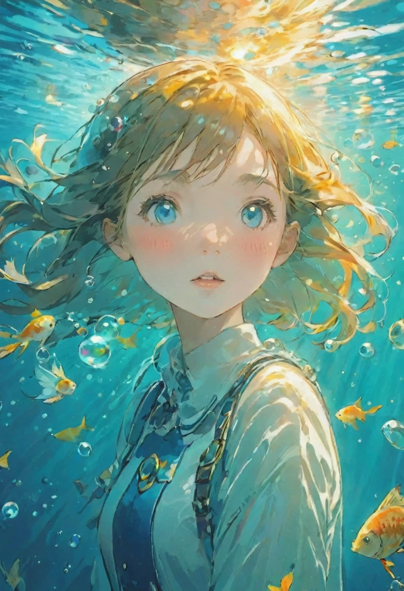 underwater, girl, surprised expression, cat, colorful fish, face close-up, sunlight reflections, water surface, bubbles, serene, peaceful, anime style, vibrant colors, detailed, ethereal, sparkling light, soft shadows, tranquility, dreamy, art illustration