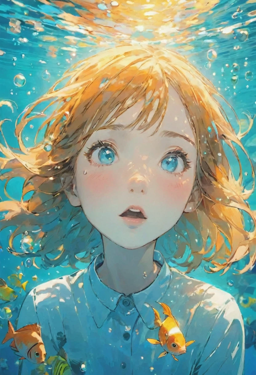 underwater, girl, surprised expression, cat, colorful fish, face close-up, sunlight reflections, water surface, bubbles, serene, peaceful, anime style, vibrant colors, detailed, ethereal, sparkling light, soft shadows, tranquility, dreamy, art illustration