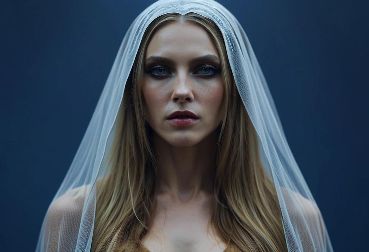 Fashionable of androgynous alien looking witch wearing veil, glowing eyes, beautiful evil slavic muscular woman, pale skin, long dark blond hair, futuristic design, minimal details, givenchy, photoreal, 200mm, hd, f/ 2.0, highly detailed, surreal , drop dead, in the style of red and blue, (intricate details, hyperdetailed:1.15) (skin texture:1.2), cinematic, professional, 4k, (((dynamic model pose))), sitting, full body