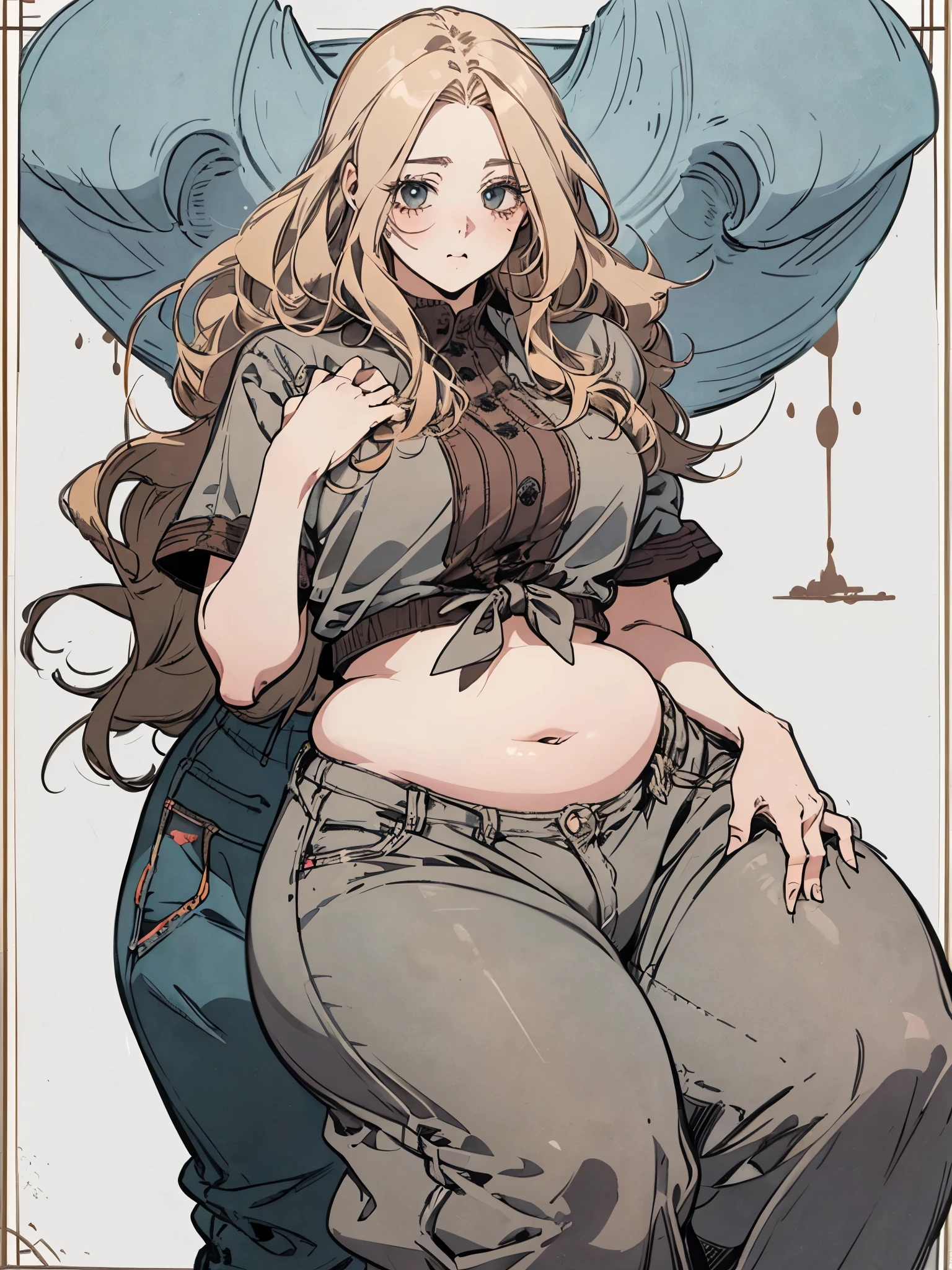 Beautiful plus size anime girl, fashion able overweight girl, pretty, large breasts, wide hips, big tummy, large stomach, cute stomach bump, fashion, outfit, cool pretty clothes, long hair, waist length hair, blonde hair, straight hair, stomach rolls, back rolls, fat, overweight 