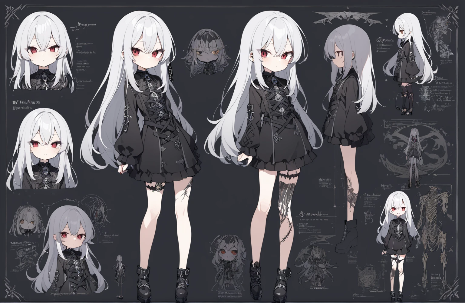 1 girl 150 cm tall. long silver hair, Scrawny, knee length straight hair, Small face, Full body diagram, Gothic clothing style