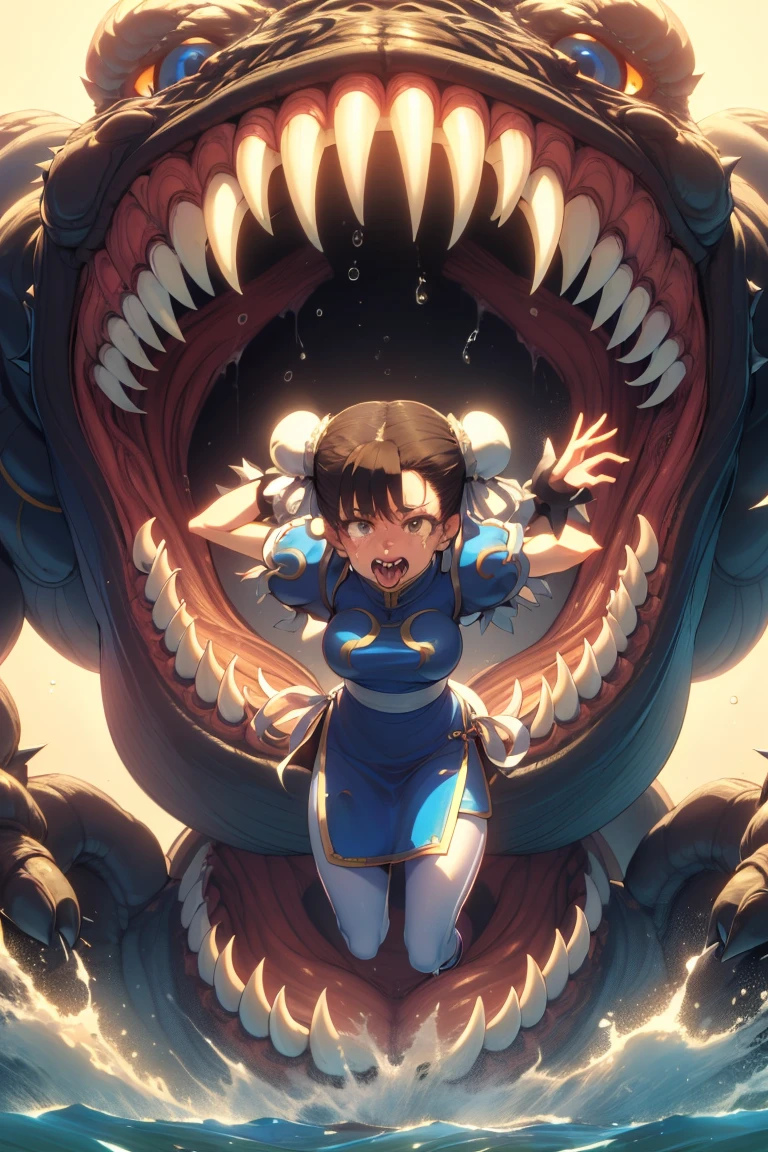 masterpiece,highest quality,Very detailed,One girl,alone,Scared,Panic,The pupils constrict,shout,Raise your eyebrows,Eyes Wide Open,Are crying,tears,
Ah ah,((chun-li)),sf2 chun,hair buns, covered buns, chinese dress, qipao, blue outfit, spiked bracelets, puffy sleeves, brown pantyhose, white belt,
Breaking the water,dark,In the water,floating,whole body,Air bubbles,(((In the waterEat,eat, Sticking out tongue,Size Differences, In the background, a giant monster has its mouth and tongue open, Evil Eye, Girl in the mouth of a giant monster, Sharp teeth surround the girl))),