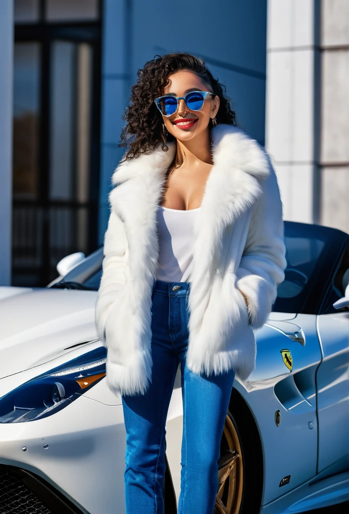 a smiling beautiful biracial woman,next to a blue sports car ferrari, wearing sunglasses, a white fur coat, blue hair, full body (best quality,4k,8k,highres,masterpiece:1.2),ultra-detailed,(realistic,photorealistic,photo-realistic:1.37),beautiful detailed eyes,beautiful detailed lips,extremely detailed eyes and face,longeyelashes,intricate ornate details,luxurious,elegant,atmospheric lighting,cinematic composition,dramatic lighting,vivid colors,vibrant,dramatic,high fashion,glamorous,seductive,automotive,transportation,vehicle,car,sports car,luxury,rich,wealthy,fashionable,stylish,striking