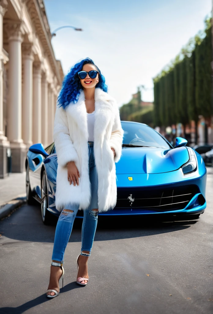 a smiling beautiful biracial woman,next to a blue sports car ferrari, wearing sunglasses, a white fur coat, blue hair, full body (best quality,4k,8k,highres,masterpiece:1.2),ultra-detailed,(realistic,photorealistic,photo-realistic:1.37),beautiful detailed eyes,beautiful detailed lips,extremely detailed eyes and face,longeyelashes,intricate ornate details,luxurious,elegant,atmospheric lighting,cinematic composition,dramatic lighting,vivid colors,vibrant,dramatic,high fashion,glamorous,seductive,automotive,transportation,vehicle,car,sports car,luxury,rich,wealthy,fashionable,stylish,striking