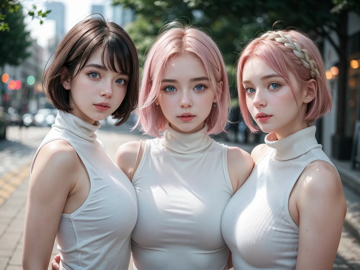 (3 girls)Gorgeus Girl, beautiful, Young face, 20 years old, white skin, Huge breasts, Side pose, ((rift)), costume straps, White sleeveless turtleneck, mini shirt, blue eyes, muscle, Bokeh, modern place background, Masterpiece, Medium bob pink hair