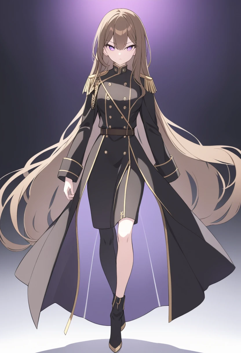 Illustrate a full-body anime girl with long, flowing brown hair, walking toward the viewer wearing a military shirt under a  open long black overcoat with gold buttons, styled in a way that accentuates her confident and commanding presence. The character should have sharp,  violet determined eyes and a poised expression.