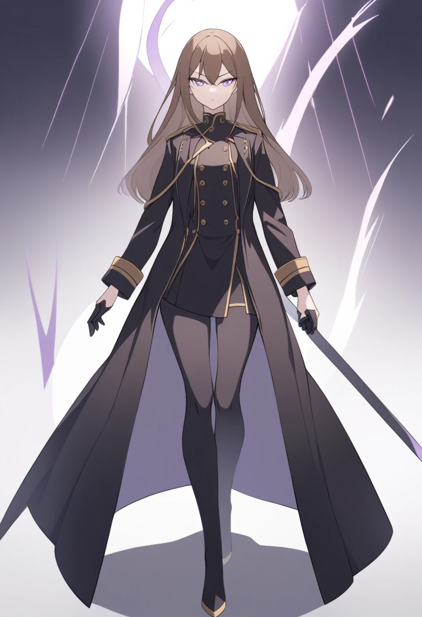 Illustrate a full-body anime girl with long, flowing brown hair, walking toward the viewer wearing a military shirt under a  open long black overcoat with gold buttons, styled in a way that accentuates her confident and commanding presence. The character should have sharp,  violet determined eyes and a poised expression.