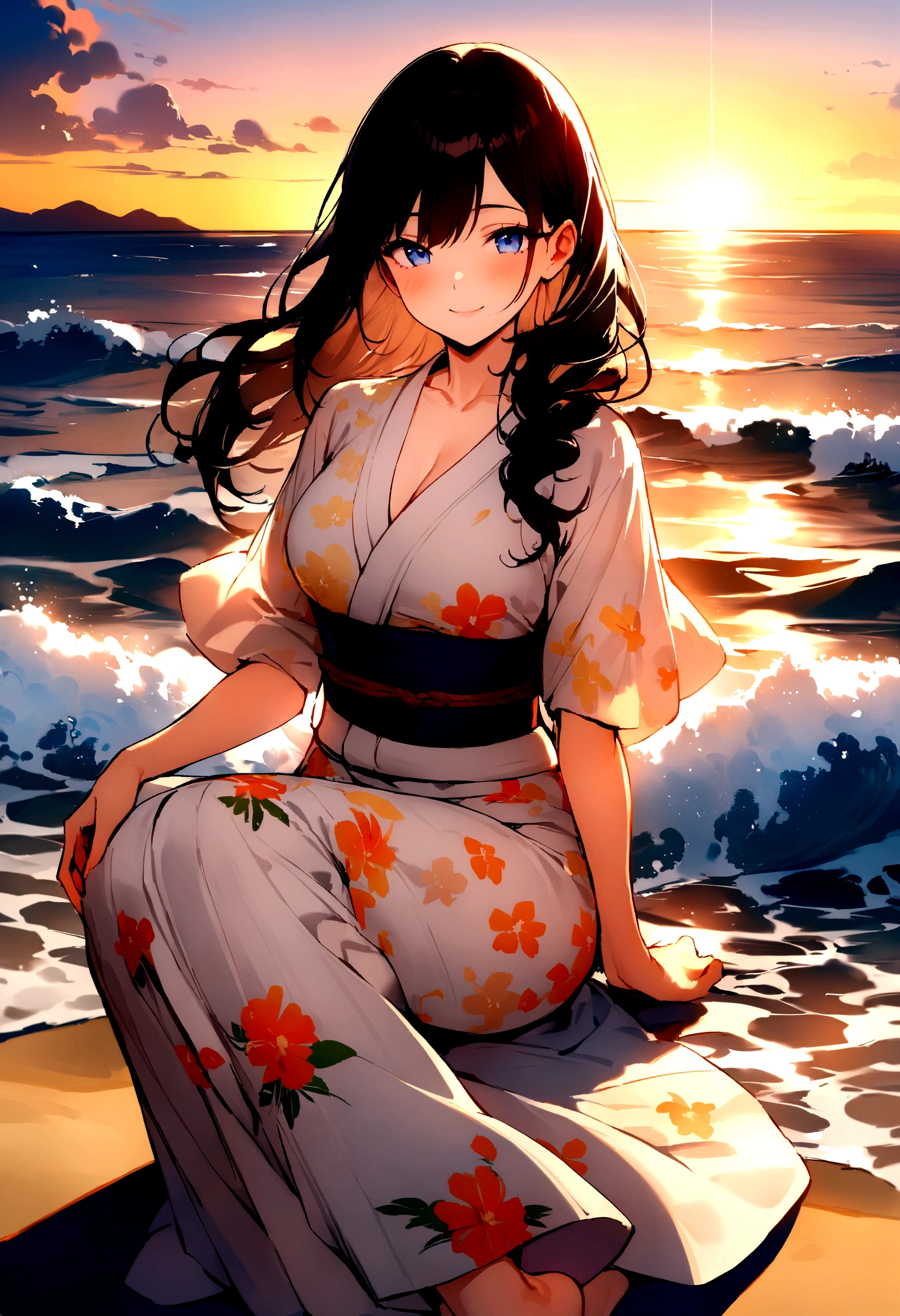 masterpiece, best quality, Summer Kimono,Light-colored kimono,White-headed flower,Flowering, Blue Eyes,Smile, A gentle breeze blows through the hair, Black hair,dusk,Sunset,Beach,The waves passed by my feet,