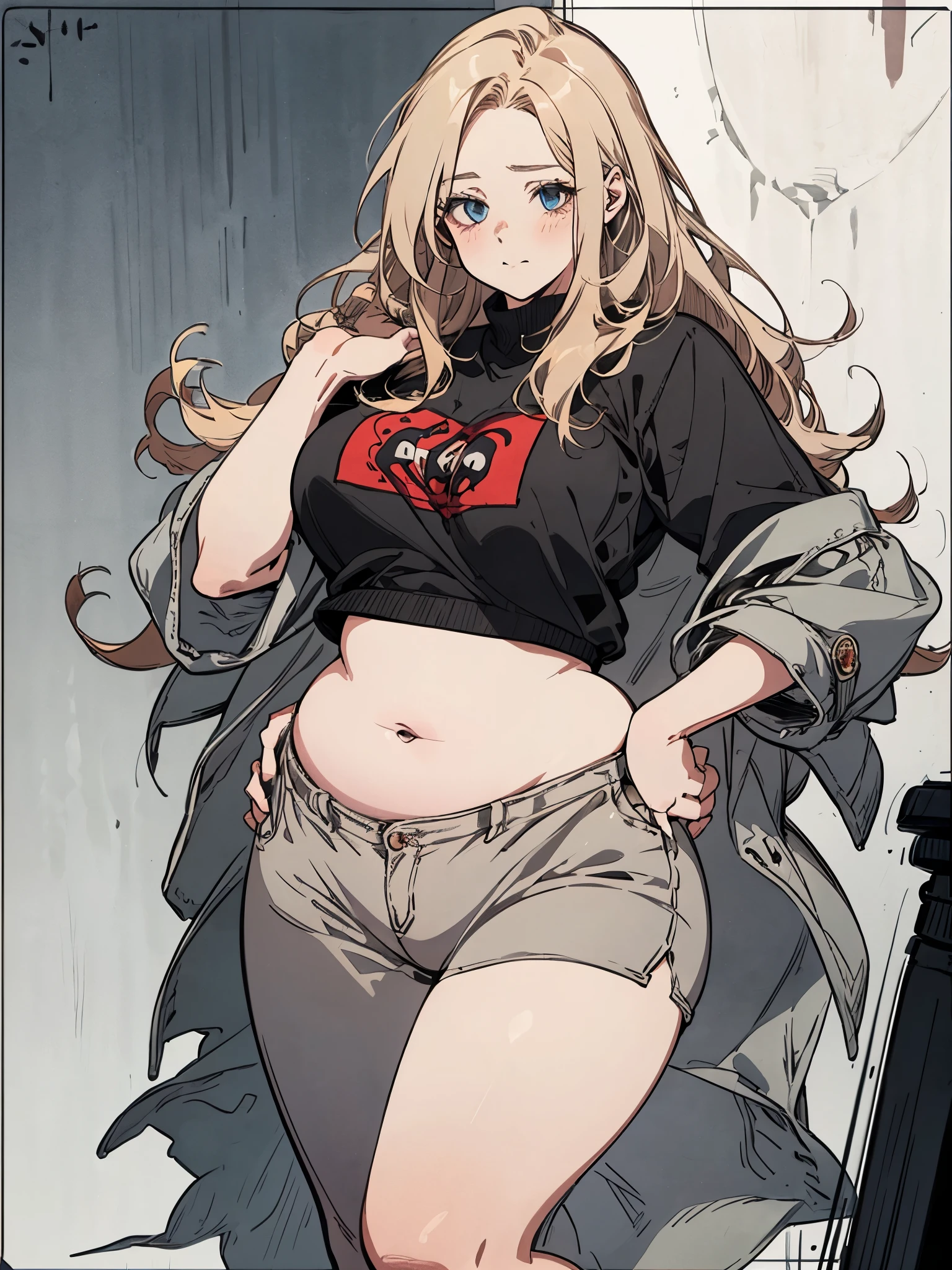 Beautiful plus size anime girl, fashion able overweight girl, pretty, large breasts, wide hips, big tummy, large stomach, cute stomach bump, fashion, outfit, cool pretty clothes, long hair, waist length hair, blonde hair, straight hair, stomach rolls, back rolls, fat, overweight 