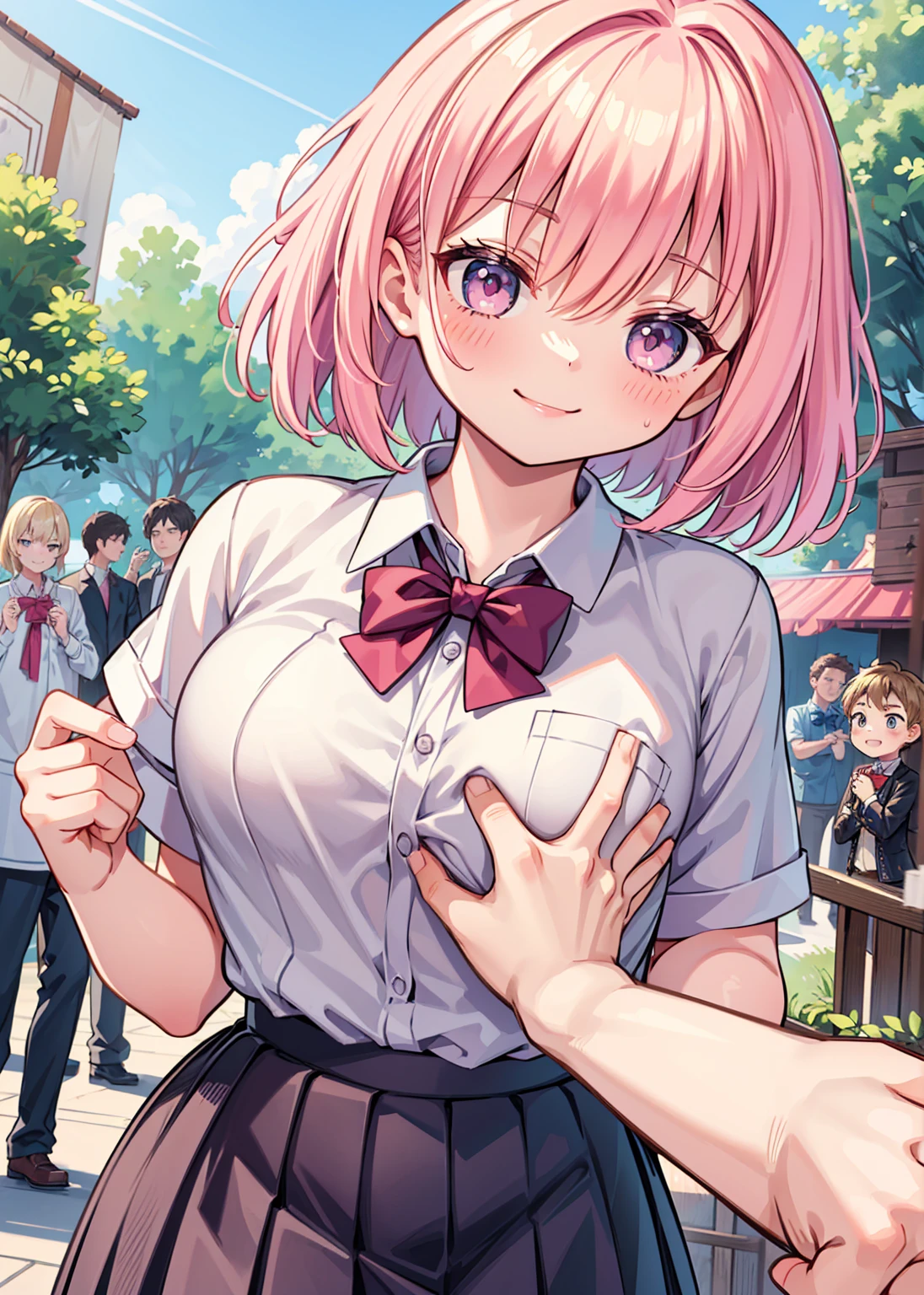 masterpiece, Highest quality, High resolution,(throw_hand grabbing chest),,One girl, One boy,Age difference,bow tie,Blonde,chest,Long Hair,Pink Hair,pleated skirt,Tucked in shirt,short hair,skirt,smile,Tent shirt,amusement_garden