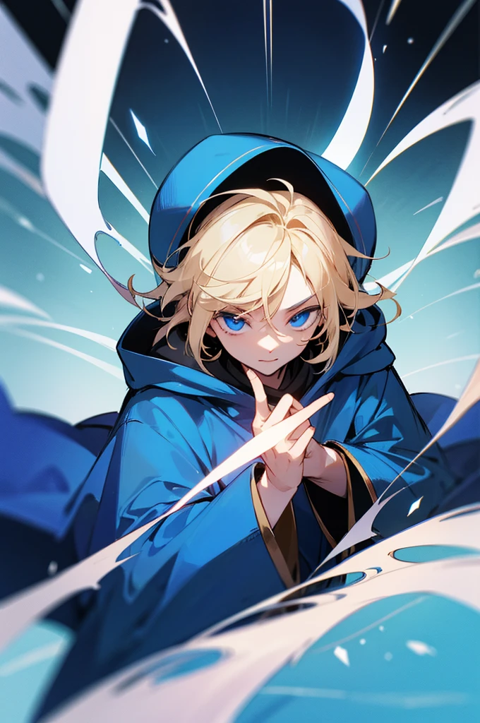 Sorcerer Divine Soul man, he has a light hair and blue eyes, he wear a hood.