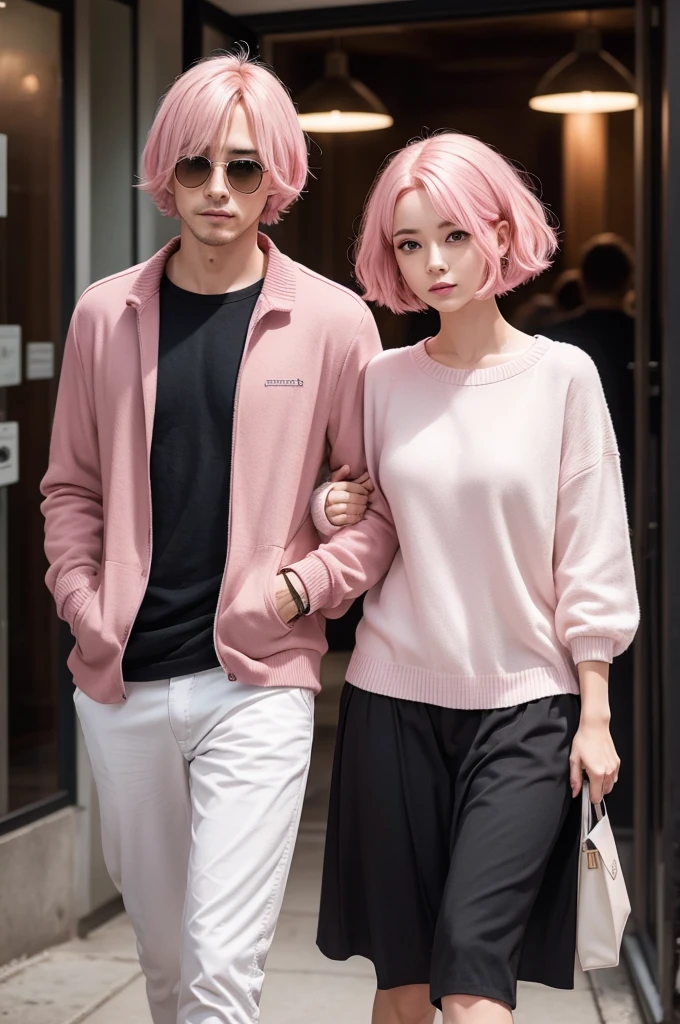 Create an image of a man and a woman with pink hair and a bob
