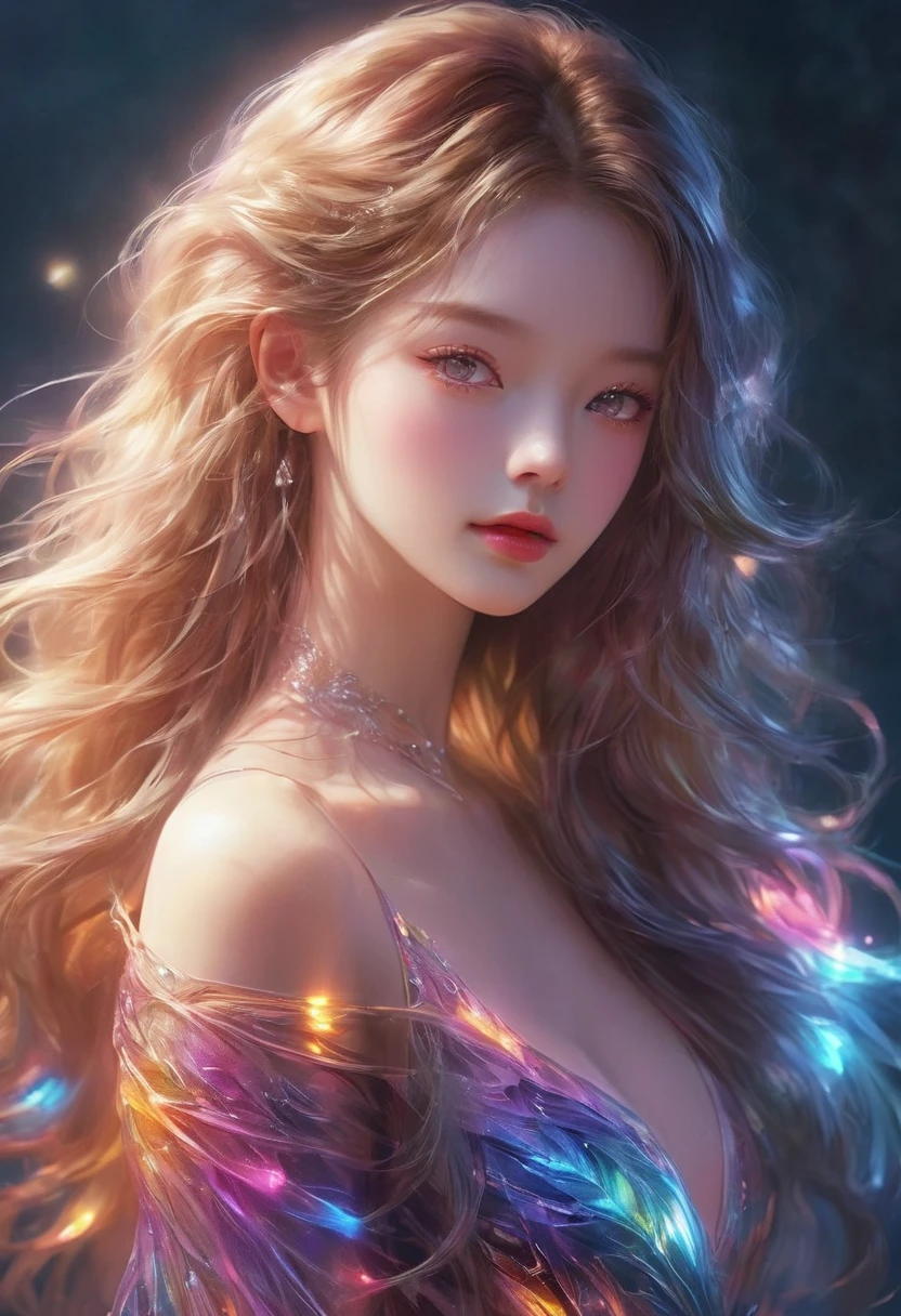 Top quality, top official art, beautiful and aesthetic masterpiece, highest level of detail, artwork is 4K, 8K, High Resolution, (Photorealistic: 1.5), Sharp Focus, Ultra Detailed Illustration of Female Silhouette, Fantastic Figure, (((Translucent Skin: 1.5))), (((Translucent Body: 1.5))), (((Knee to Head Shot))), Neon Light, Light Particles, Colorful, CMYK Color, Backlight, Beautiful Face, Detailed and Perfect Face, Big and Even Eyes, Perfect Proportion, Huge Breasts, Thin Waist, Navel, Wide Hips, Crotch Gap, Sexy Thighs, (Dynamic Pose, Changing Pose, Dynamic Angle,),