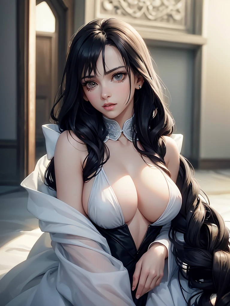 a beautiful detailed portrait of a female with black long hair, perfect body, big breasts, cleavage, , extremely detailed high quality realistic face, eyes, nose, lips, skin, hair, detailed hands and fingers, dramatic background, (best quality,8k,highres,masterpiece:1.2),ultra-detailed,(realistic,photorealistic,photo-realistic:1.37),studio lighting,physically-based rendering,vivid colors, half body