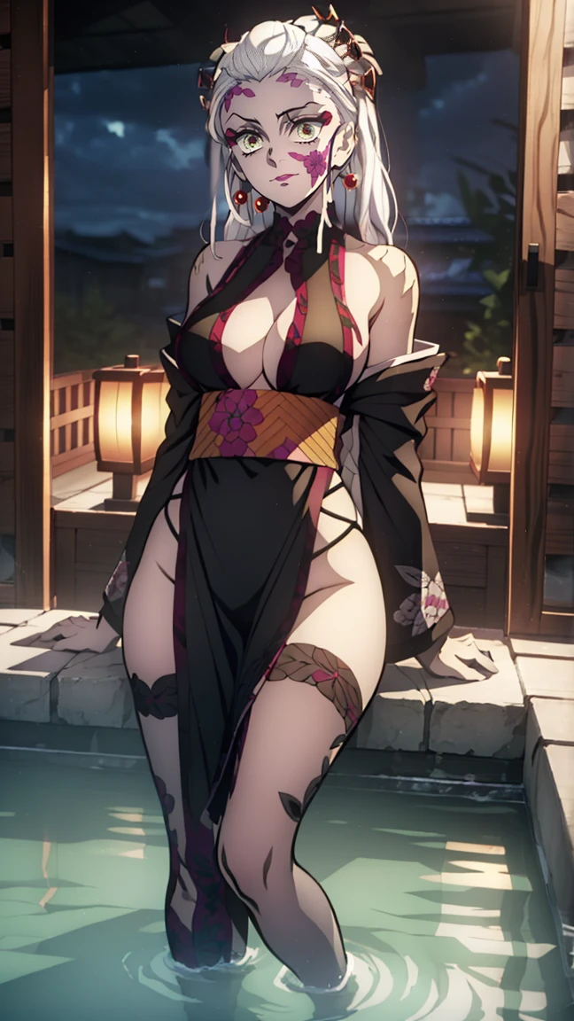 One Demon Girl, looks at the camera, Portrait of a girl, Beautiful waist, night, ancient japan, very sexy, In the bath, grin, fangs,  mouth open, fangs, smile, White hair, erotica, very sexy, beautiful body is completely visible, masterpiece, Best quality, full length (Full body 1.1.), Beautiful waist, good feet, high quality, long hair, White hair.  Highly detailed face, depth of field, HDR, very detailed, ray tracing, whole body, dark fantasy, Demon&#39;s tattoo, very beautiful, Beautiful ., 1 girl, solo, I look at the viewer, black hair, hair ornament, jewelry, closed mouth, green eyes, yellow eyes, japanese clothes, kimono, draw up, pomade, slit pupils, Brilliant eyes, wicked, Red lips, hair stick