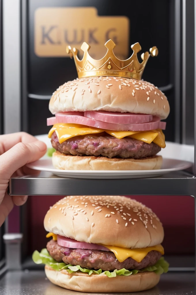 Imagine a light pink Burger King combo with hamburger, refrigerator, crisp, fried chicken, sorteve a nugts, the pink burger bun,a pink sauce inside and a mini crown on top, the letter on the glass "L" and the potatoes are in a different shape