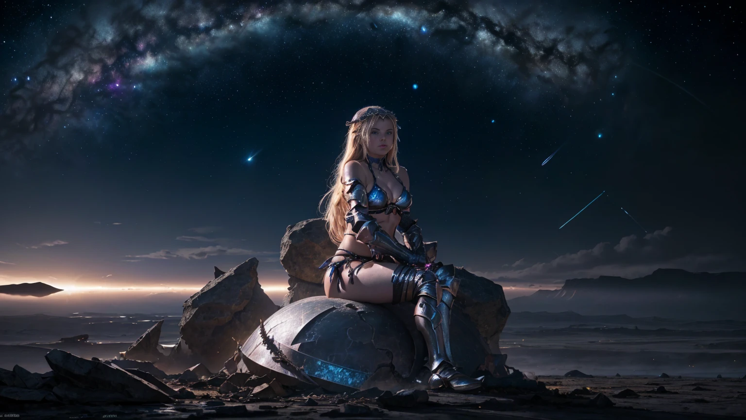 (sublime goddess:1.3) with (long blonde hair) and (blue eyes), in (bikini armor of chaos:1.3), perfect body.  Sitting on a rock on a desolate planet with the birth of a galaxy in the sky in the background. 8k, supernatural scene, wallpaper, volumetric lighting, (darkness:1.5), (upper half of the body view:1.3), (close up goddess)