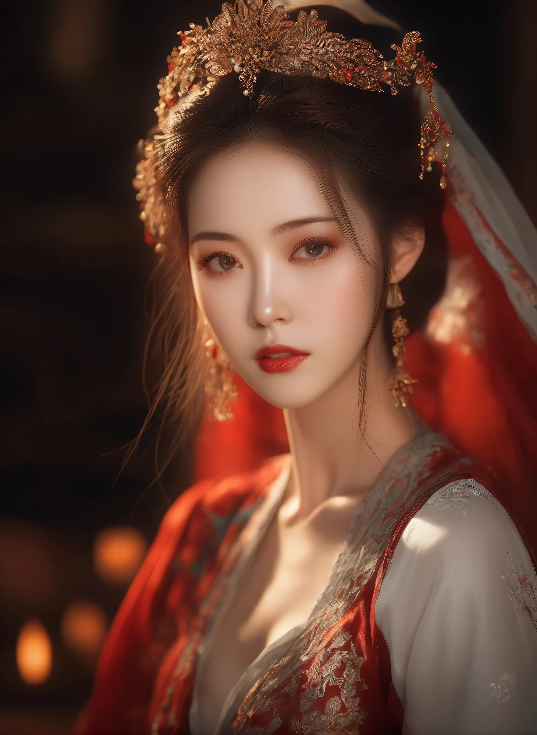 (masterpiece, best quality, Very detailed, The best shadow), (Detailed background), (Delicate face), High contrast, (Optimal lighting, Extremely refined), Colorful, Extremely detailed, Dramatic lighting, Beautiful background, Intricate details, (1 girl, Solitary, Colorful hair, Pointed face, Red Eyes, Hair between the eyes, Dynamic Angle, Red clothes), Looking at the audience, Blood,(Broken Gek Ring, in the room, whole body, Delicate eyes, beautiful eyes, 8K, 4K, best quality, masterpiece, beautiful eyes, realism