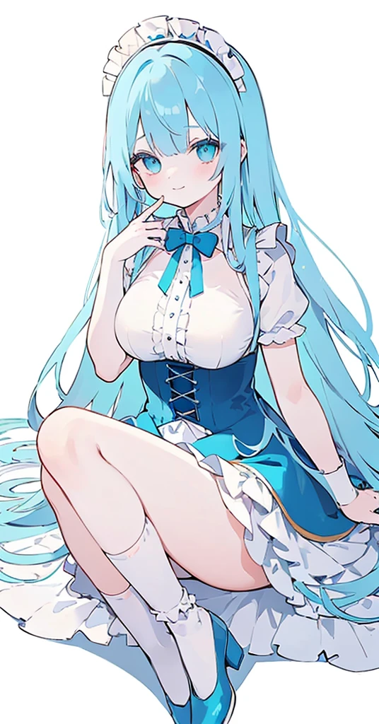 (long beautiful blue hair) cyan eyes, (Eyes behind long bangs) big breasts, using accessories (using socks) perfect shiny beautiful cyan shoes (Wearing luxurious palace maid clothes Perfect perfect noble) Pose facing sideways (Girl1, straight hair not too long, bangs covering one eye, soft face, gentle smile) long hair, beautiful cyan eyes (Free pose, right hand down, left hand down, ((Free pose))smile kawai, (blank white background) Wearing a blue corset, (Using a beautiful bright blue ribbon) Kawai shy cute eyes (cyan colored shoes must be shiny, Must wear short white socks)