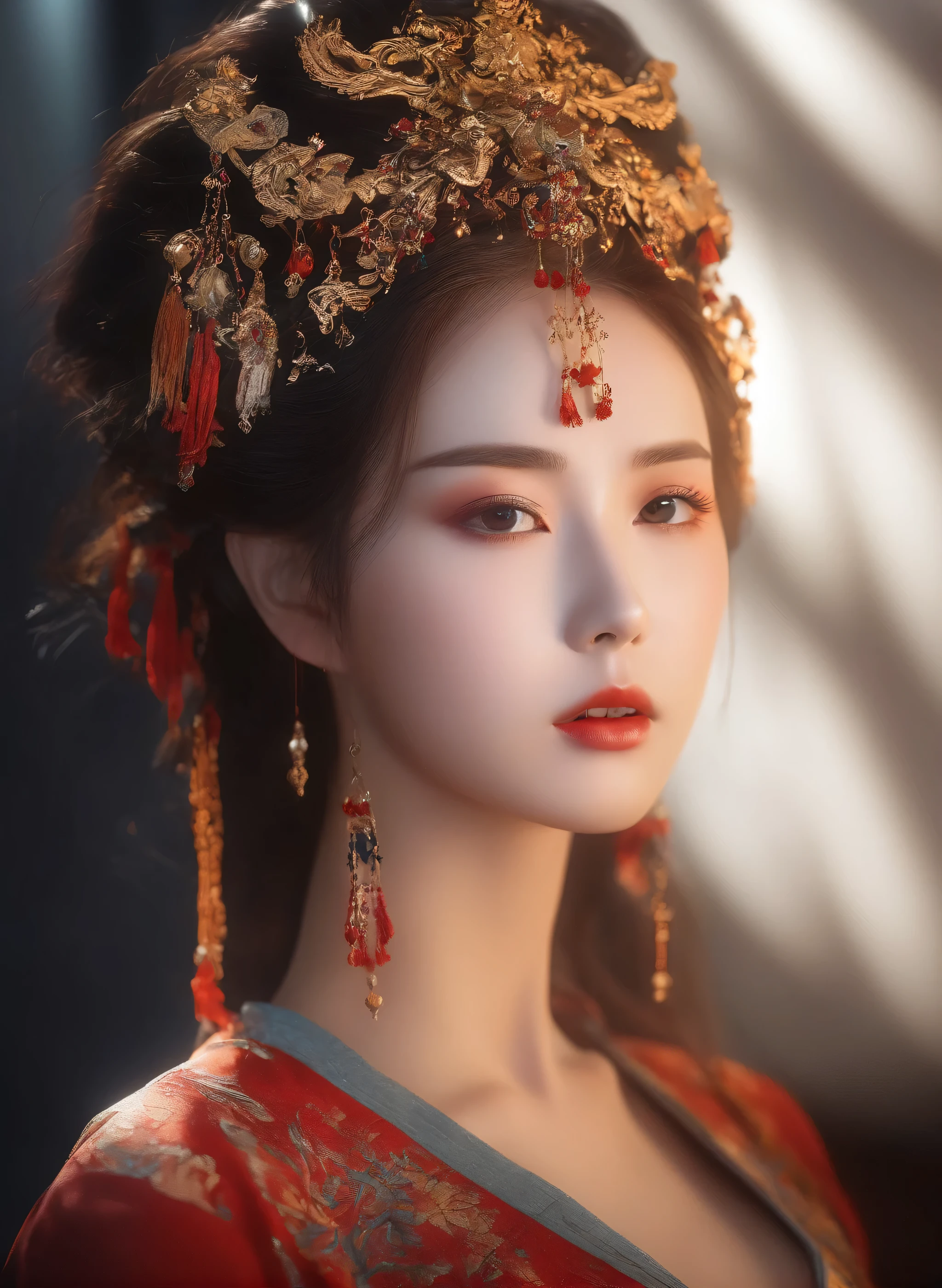 (masterpiece, best quality, Very detailed, The best shadow), (Detailed background), (Delicate face), High contrast, (Optimal lighting, Extremely refined), Colorful, Extremely detailed, Dramatic lighting, Beautiful background, Intricate details, (1 girl, Solitary, Colorful hair, Pointed face, Red Eyes, Hair between the eyes, Dynamic Angle, Red clothes), Looking at the audience, Blood,(Broken Gek Ring, in the room, whole body, Delicate eyes, beautiful eyes, 8K, 4K, best quality, masterpiece, beautiful eyes, realism