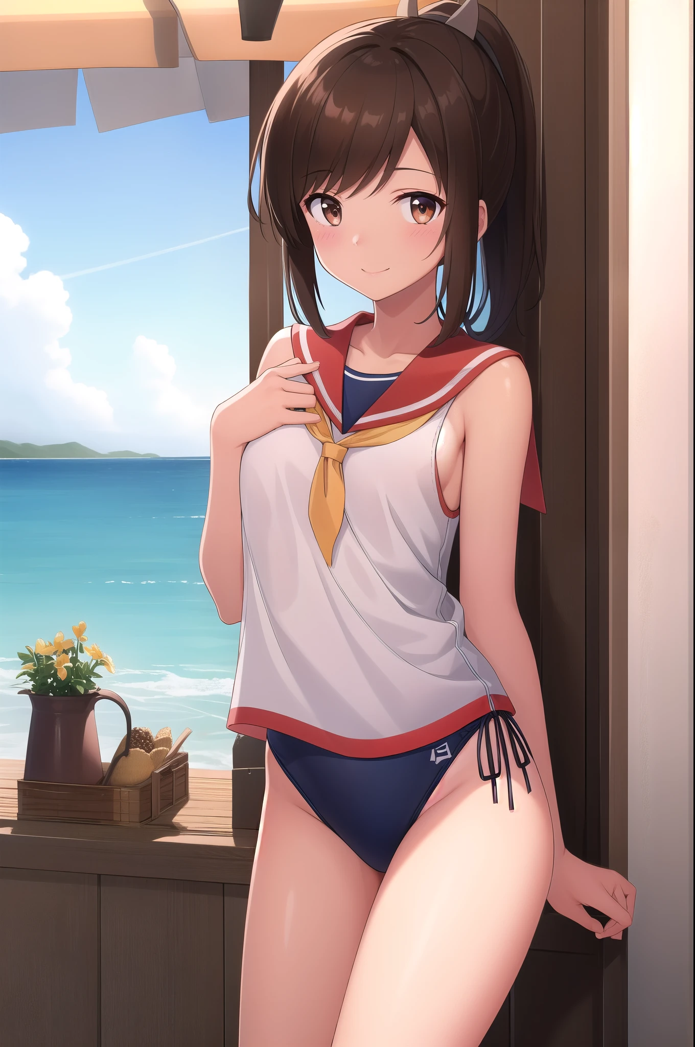 ((masterpiece)),(Highest quality),Official Art,Highly detailed CG,unity 8k wallpaper,Super detailed,Lighthouse on top of a cliff by the sea,One girl,一人in,Cowboy Shot,brown_hair,Dark Skin,Sunburn,School_Swimwear,brown_eye,smile,one piece_Swimwear,Swimwear_Down_Clothes,Sailor_collar,short_hair,Looking_in_Audience,blush,School_uniform,short_ponytail,