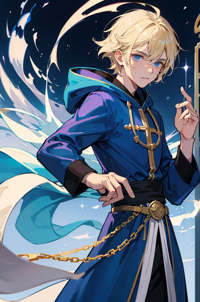 Sorcerer Divine Soul man, he has a light hair and blue eyes, he wear a hood.