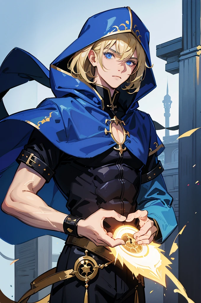 Sorcerer Divine Soul man, he has a light hair and blue eyes, he wear a hood.