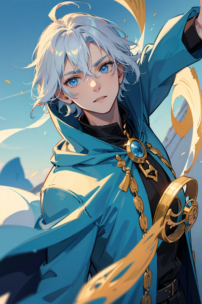 Sorcerer Divine Soul man, he has a light hair and blue eyes, he wear a hood.