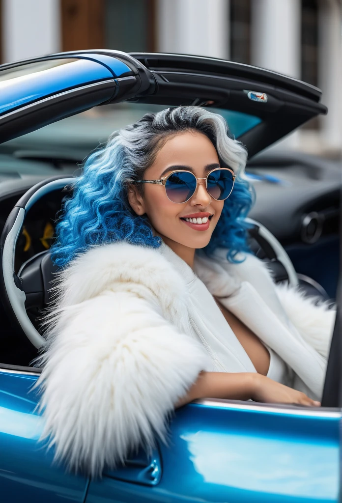 a smiling beautiful biracial woman, inside a blue sports car ferrari, wearing sunglasses, a white fur coat, blue hair, full body (best quality,4k,8k,highres,masterpiece:1.2),ultra-detailed,(realistic,photorealistic,photo-realistic:1.37),beautiful detailed eyes,beautiful detailed lips,extremely detailed eyes and face,longeyelashes,intricate ornate details,luxurious,elegant,atmospheric lighting,cinematic composition,dramatic lighting,vivid colors,vibrant,dramatic,high fashion,glamorous,seductive,automotive,transportation,vehicle,car,sports car,luxury,rich,wealthy,fashionable,stylish,striking