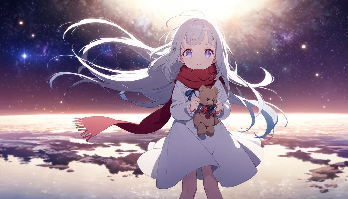 (((masterpiece))), (((best quality))),(((high detail))),light manipulation, girl with long silver hair, gradient purple to sky blue eyes, wearing a white dress, a red scarf, (((loli))), (((child))) , galaxy background, holding a teddy bear, feet, no footwear