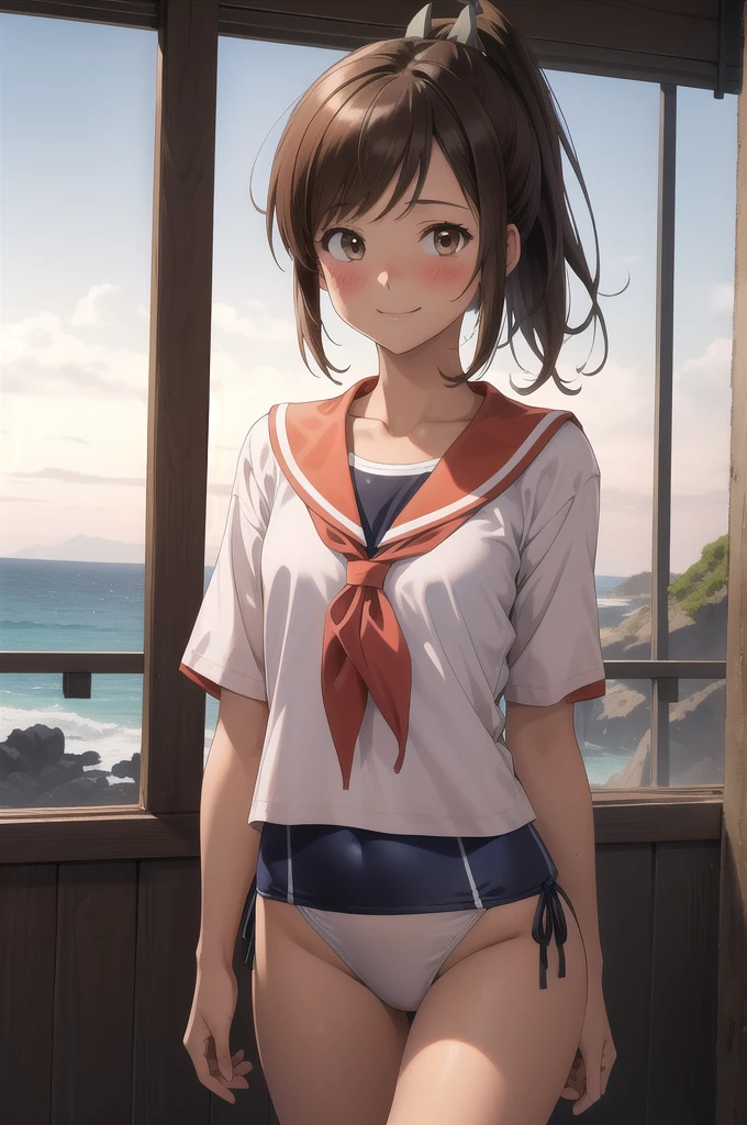 ((masterpiece)),(Highest quality),Official Art,Highly detailed CG,unity 8k wallpaper,Super detailed,Lighthouse on top of a cliff by the sea,One girl,一人in,Cowboy Shot,brown_hair,Dark Skin,Sunburn,School_Swimwear,brown_eye,smile,one piece_Swimwear,Swimwear_Down_Clothes,Sailor_collar,short_hair,Looking_in_Audience,blush,School_uniform,short_ponytail,