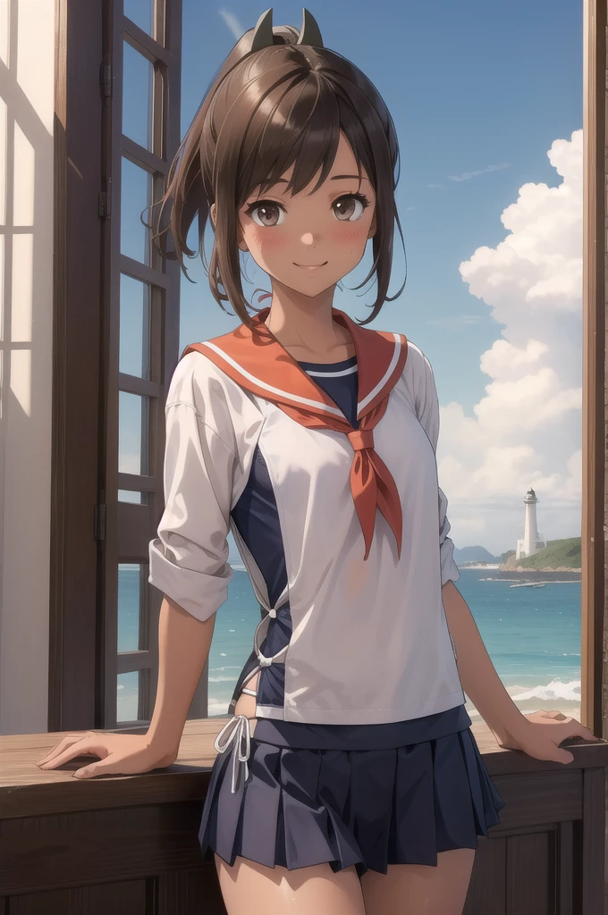 ((masterpiece)),(Highest quality),Official Art,Highly detailed CG,unity 8k wallpaper,Super detailed,Lighthouse on top of a cliff by the sea,One girl,一人in,Cowboy Shot,brown_hair,Dark Skin,Sunburn,School_Swimwear,brown_eye,smile,one piece_Swimwear,Swimwear_Down_Clothes,Sailor_collar,short_hair,Looking_in_Audience,blush,School_uniform,short_ponytail,