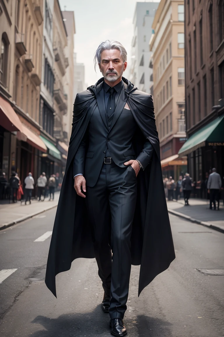 full body shot of dark mage, 45 year old man, business suit, dark cloak, old tome, silver hair, (epick pose), modern city, daylight