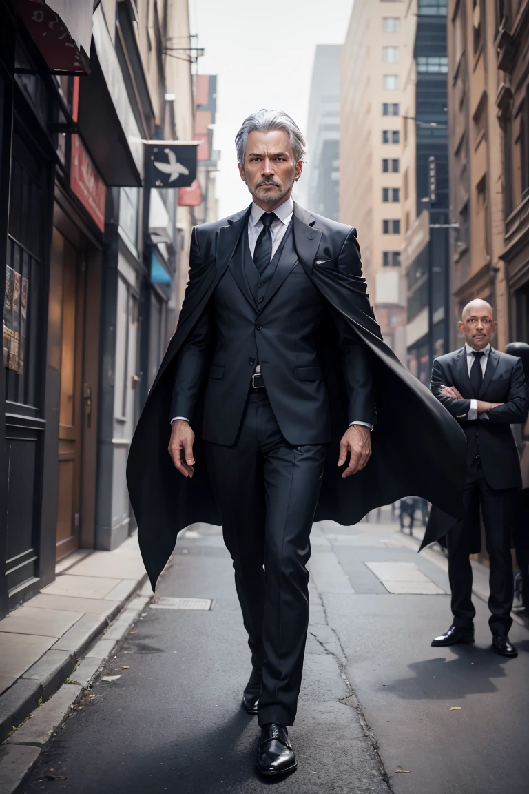 full body shot of dark mage, 45 year old man, business suit, dark cloak, old tome, silver hair, (epick pose), modern city, daylight