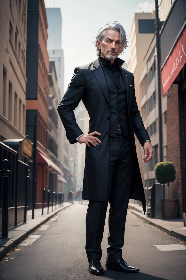 full body shot of dark mage, 45 year old man, business suit, dark cloak, old tome, silver hair, (epick pose), modern city, daylight