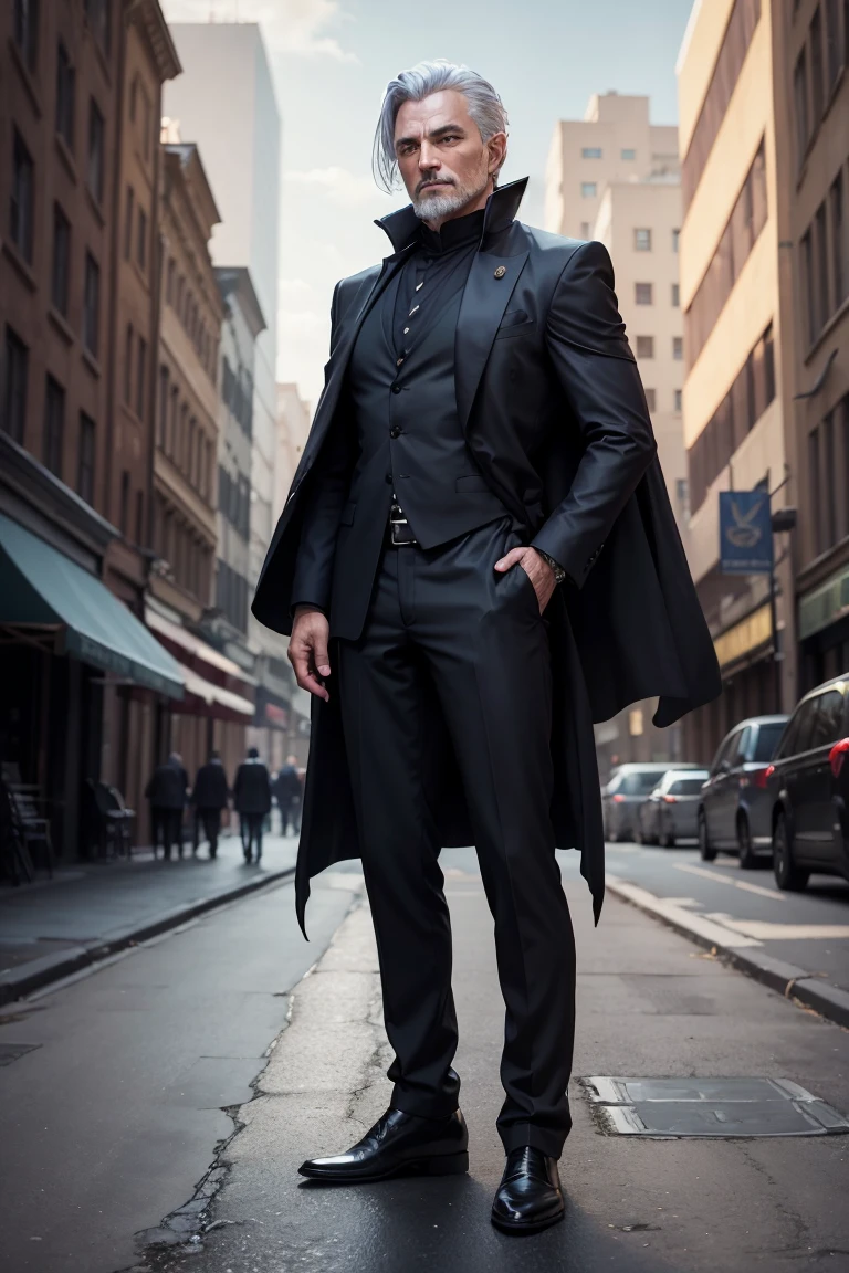full body shot of dark mage, 45 year old man, business suit, dark cloak, old tome, silver hair, (epick pose), modern city, daylight