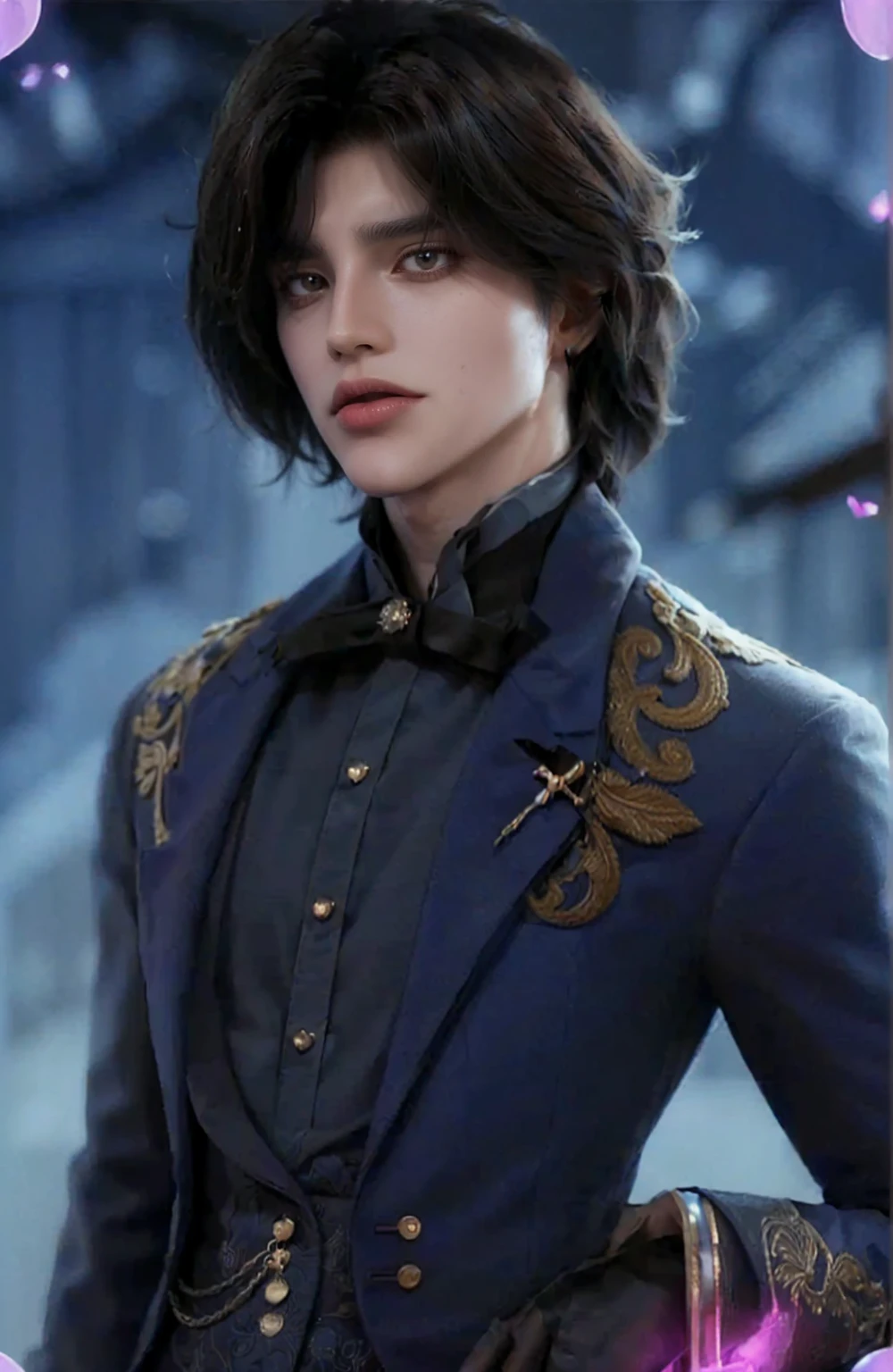 ((a close up of a person in a suit blue suit with golden details (pale skin dark brown hair and grey eyes), delicate androgynous prince, beautiful androgynous prince, caleb from critical role, highly detailed exquisite, handsome guy, highly detailed character, hyperdetailed fantasy character, handsome male vampire, wolfgang lettl highly detailed, detailed character portrait, official character, handsome stunning realistic)),((grey eyes)),official art, unity 8k wallpaper, ultra detailed, aesthetic,((masterpiece)), best quality, photorealistic,((fantasy)),((pale skin)),((man&girl)),((sensual eyes)),((detailed eyes)),((detailed face)),((detailed body)),((badboy face)),((badboy)),((handsome)),((modeling poses)),((model)),((juicy lips)),((kimono)),((perfect hairstyle)),((perfect v shape head)),((free posing)),((posing like model)),((modeling poses)),((cool)),((body)),((50mm lens)),((fullbody)),((longshot picture)),((standing posing)),((androgynous pose)),((standing in background)),((light setting from right)),((head staring at right)),((candid))