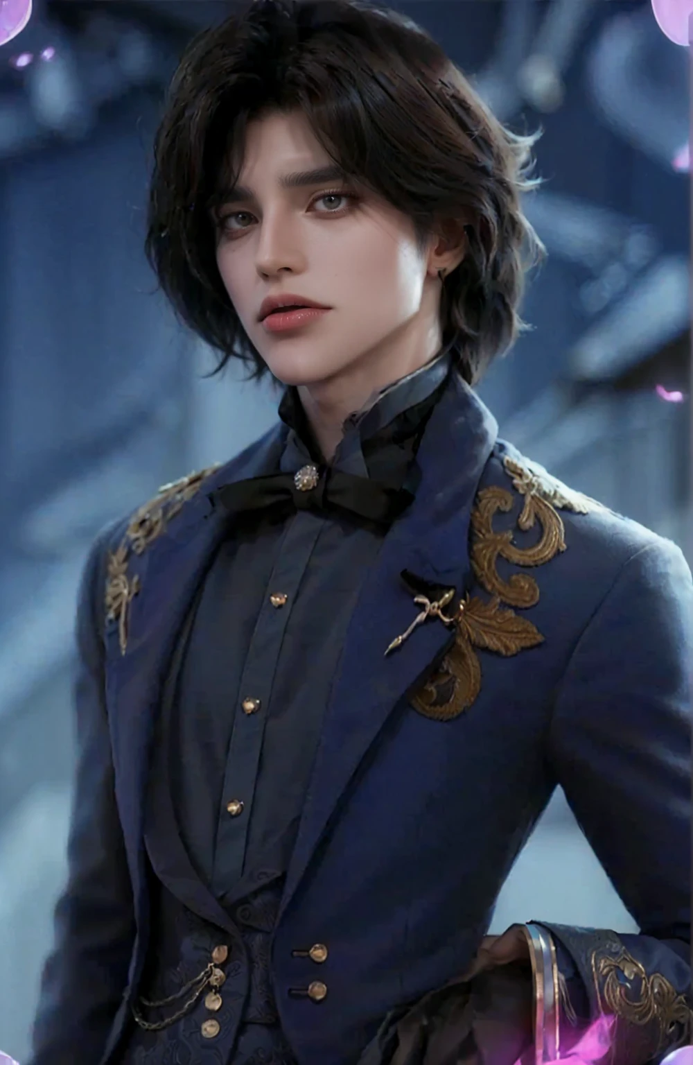 ((a close up of a person in a suit blue suit with golden details (pale skin dark brown hair and grey eyes), delicate androgynous prince, beautiful androgynous prince, caleb from critical role, highly detailed exquisite, handsome guy, highly detailed character, hyperdetailed fantasy character, handsome male vampire, wolfgang lettl highly detailed, detailed character portrait, official character, handsome stunning realistic)),((grey eyes)),official art, unity 8k wallpaper, ultra detailed, aesthetic,((masterpiece)), best quality, photorealistic,((fantasy)),((pale skin)),((man&girl)),((sensual eyes)),((detailed eyes)),((detailed face)),((detailed body)),((badboy face)),((badboy)),((handsome)),((modeling poses)),((model)),((juicy lips)),((kimono)),((perfect hairstyle)),((perfect v shape head)),((free posing)),((posing like model)),((modeling poses)),((cool)),((body)),((50mm lens)),((fullbody)),((longshot picture)),((standing posing)),((androgynous pose)),((standing in background)),((light setting from right)),((head staring at right)),((candid))