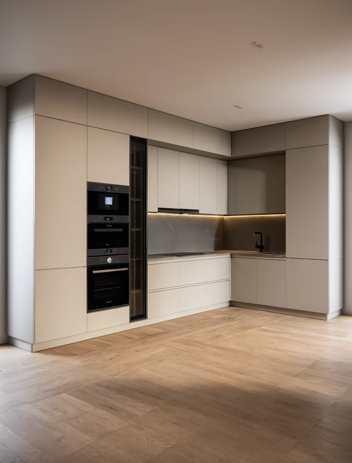 Raw photo,Masterpiece, high quality, best quality, authentic, super detail, interior , sunset, daylight, Kitchen Cabinets style modern, Induction cooker, sink, faucet, oven, built-in microwave, wooden floor, hood, wine cabinet, (beige and grey tones)