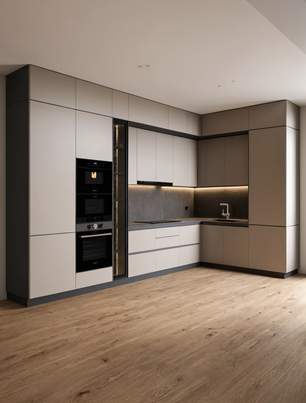 Raw photo,Masterpiece, high quality, best quality, authentic, super detail, interior , sunset, daylight, Kitchen Cabinets style modern, Induction cooker, sink, faucet, oven, built-in microwave, wooden floor, hood, wine cabinet, (beige and grey tones)