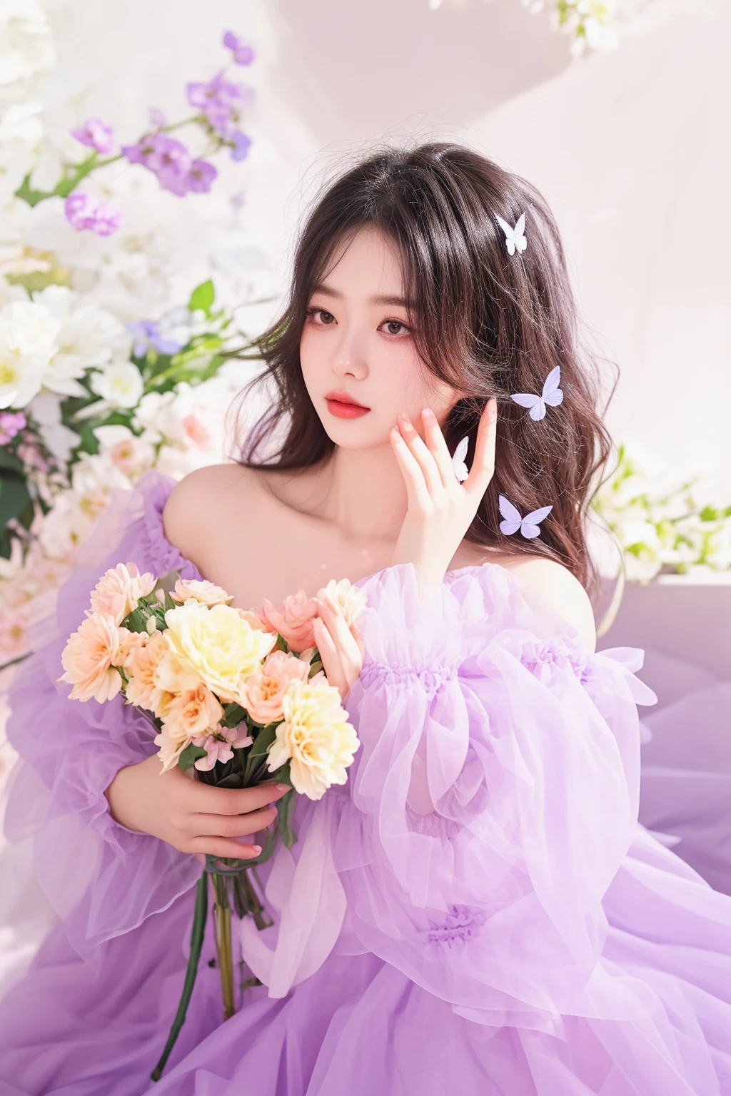 there is a woman in a purple dress holding a bouquet of flowers, with flowers, sakimichan, 中 元 节, ethereal beauty, guweiz, pastel, ethereal!!!!!!!, fairycore, ethereal and dreamy, aesthetic cute with flutter, in pastel colors, captured on canon eos r 6, ethereal fairytale, fantasy photoshoot