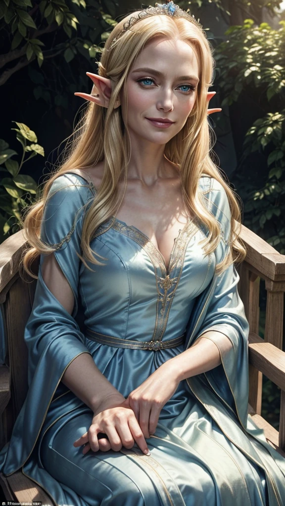 Photoreal, highest quality, masterpiece, beautiful older woman, elegant elf queen, mature face, blonde, blue eyes, evil smile, smug, wearing a beautiful silky royal dress, sitting outside in a garden with natural light