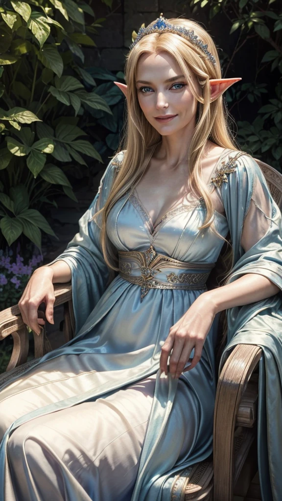 RAW shooting, Photoreal, highest quality, masterpiece, beautiful older woman, elegant elf queen, mature face, blonde, blue eyes, evil smile, smug, wearing a beautiful silky royal dress, sitting outside in a garden with natural light