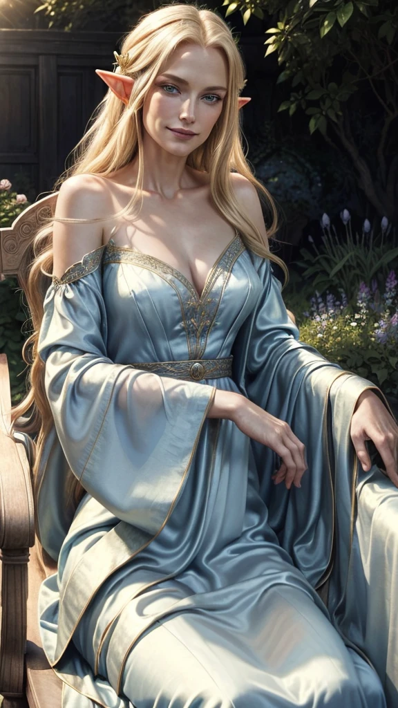 Photoreal, highest quality, masterpiece, beautiful older woman, elegant elf queen, mature face, blonde, blue eyes, evil smile, smug, wearing a beautiful silky royal dress, sitting outside in a garden with natural light