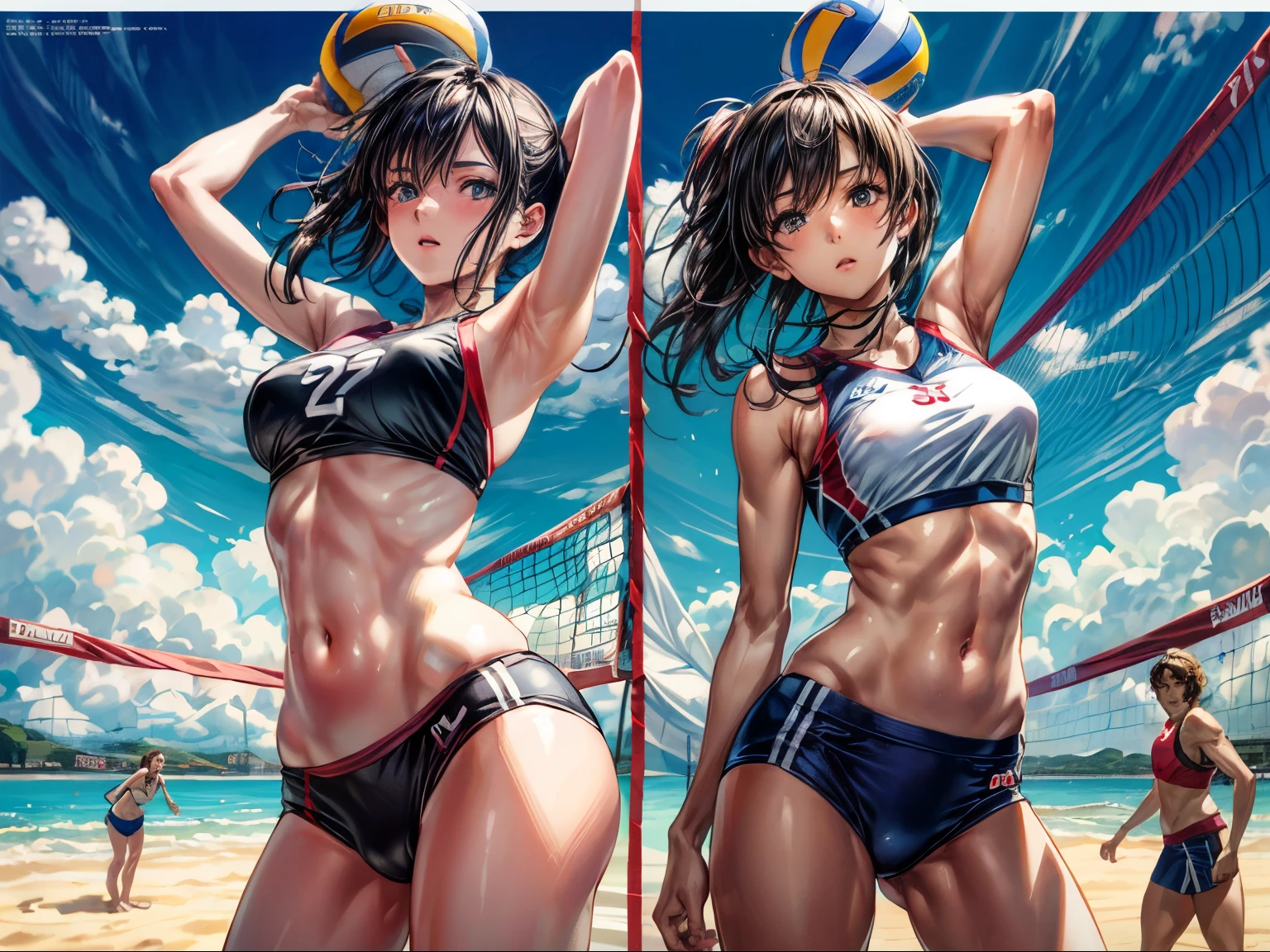 modern style,Realistic,An illustration,Photorealistic,Actual photo,colorful,Beach volleyball tournament,Beautiful woman receiving the ball,Beautiful woman jumping up and tossing,A beautiful woman jumping up and attacking,
Sandy beach venue,Cumulonimbus clouds in the blue sky,Summer beach,
Two people on the other side of the net,
Numbers on swimsuits,Dynamic composition,
Beach volleyball equipment,
Detailed Description,View here,Serious,decision,Strong-willed,
Perfect face and body,Detailed face,Perfect Anatomy,Beautiful Face,
masterpiece,Highest quality,8K,High resolution,Raw photo,Professional,
Award-winning,Browsing Caution,
Cinematic lighting,Natural lighting,
Eye level,Front shot,
Medium Shot,
Physically Based Rendering,
Thin contours,