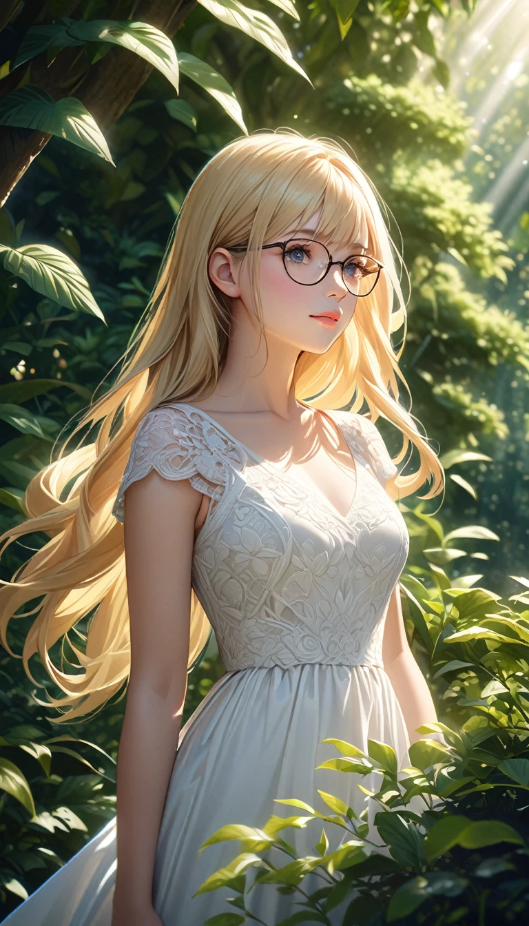 a beautiful young woman with long blonde hair, wearing glasses, a thoughtful expression, a white dress, posing in a lush green garden, sunlight filtering through the trees, soft focus background, romantic, elegant, detailed, photorealistic, intricate, masterpiece, 8k, highly detailed