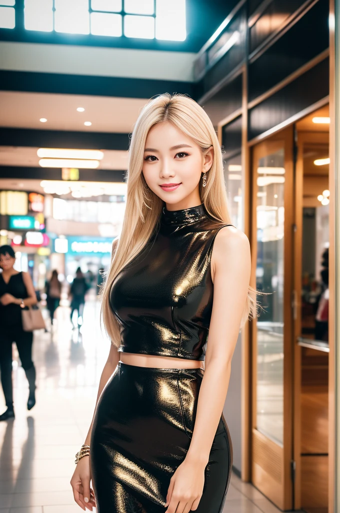 (best quality, 4k ,8k, highres, masterpiece:1.2), ultra-detailed, (realistic, photorealistic, photo-realistic:1.37), closeup, sexy seductive Thai woman, (seductive smile), long lashes, beautiful makeup, platinum blonde hair, fair skin, slender figure, elegant posture, wearing large sparkling colorful jewelery, wearing a business style leather dress, standing in a large shopping mall, gentle sunlight shining through the shopping mall windows, casting a soft glow on her face, adding warmth to the scene, vibrant colors, capturing the essence of vibrant city life, portrait style, showcasing her natural beauty and grace in a feminine way