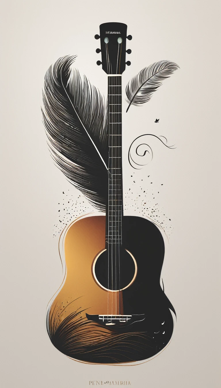 A minimal, modern, simple, cinematic logotype for the brand “Penamemoria". The logotype must be a simple, magical feather and a boy playing acoustic guitar. The logo must convey a sense of music, stories and dreams. Logo design impressed on a book cover. Minimalistic logo