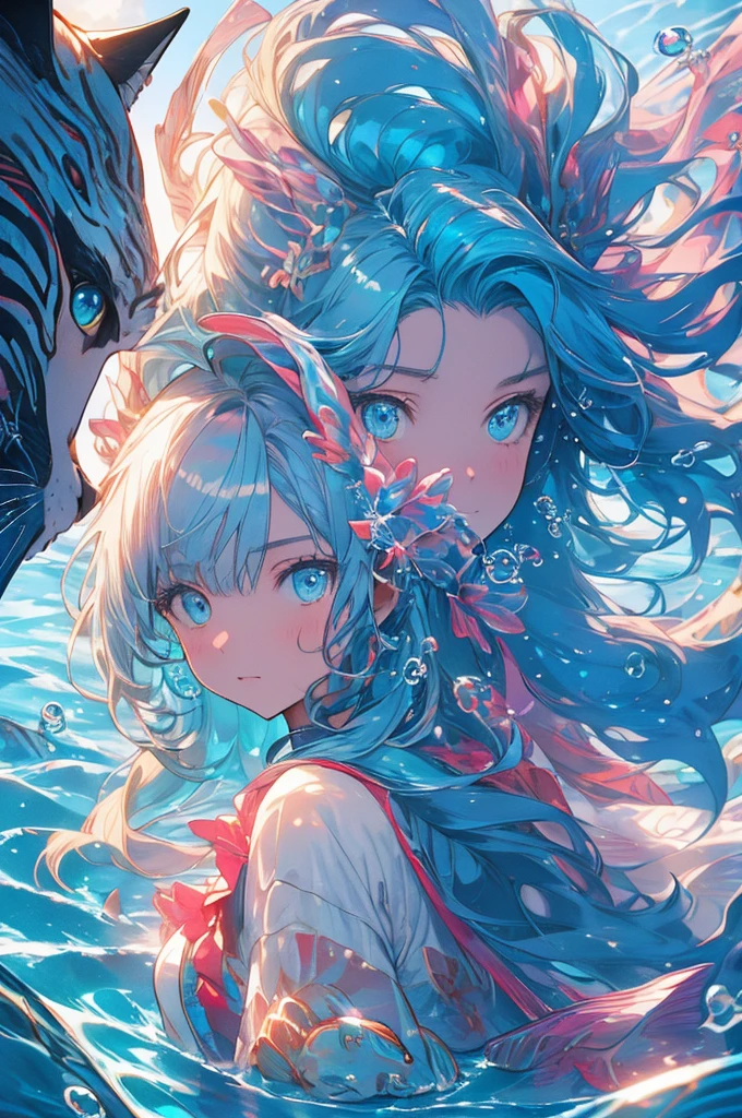 RAW Photos, Realistic, Ultra-realistic, underwater, girl, surprised expression, cat, colorful fish, face close-up, sunlight reflections, water surface, bubbles, serene, peaceful, anime style, vibrant colors, detailed, ethereal, sparkling light, soft shadows, tranquility, dreamy, art illustration, Highest quality, masterpiece, Ultra-high resolution, 8K