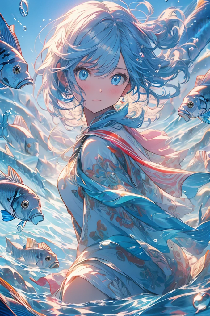 RAW Photos, Realistic, Ultra-realistic, underwater, girl, surprised expression, cat, colorful fish, face close-up, sunlight reflections, water surface, bubbles, serene, peaceful, anime style, vibrant colors, detailed, ethereal, sparkling light, soft shadows, tranquility, dreamy, art illustration, Highest quality, masterpiece, Ultra-high resolution, 8K